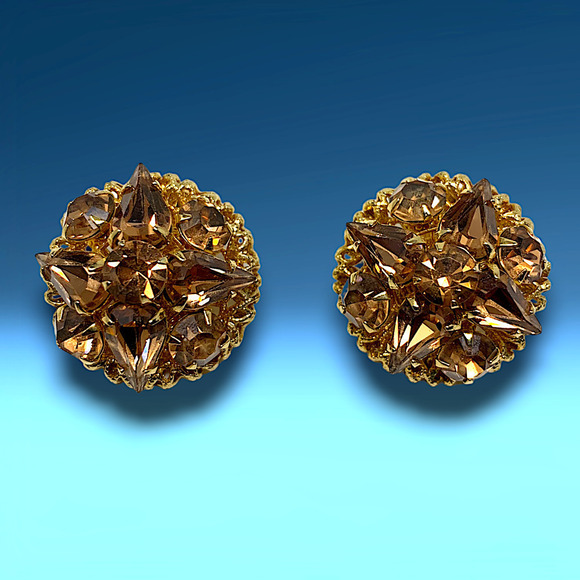 Vintage 1960's Amber Crystal Button Cluster Earrings Clip On Runway Couture - Picture 1 of 6